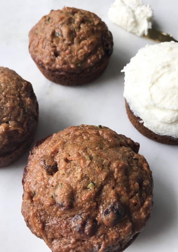 Healthy Carrot Zucchini Muffins with Goat Cheese Icing